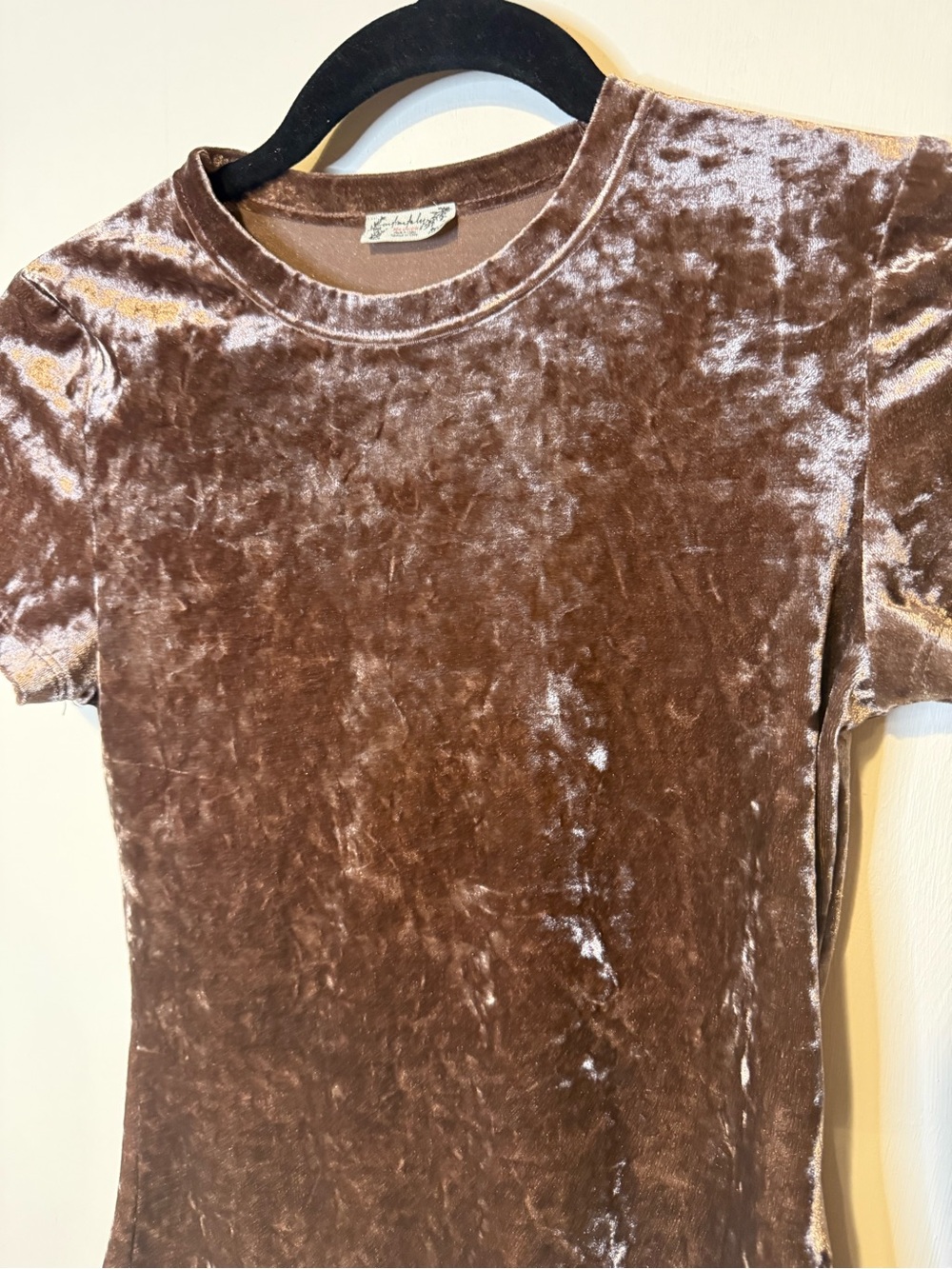 Free People Crushed Velvet Brown Mauve Fitted Short Sleeve Baby Tee Sz Small - Picture 2 of 5